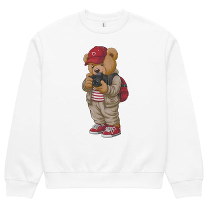 White sweatshirt with a bear wearing a red cap and backpack design on a white background