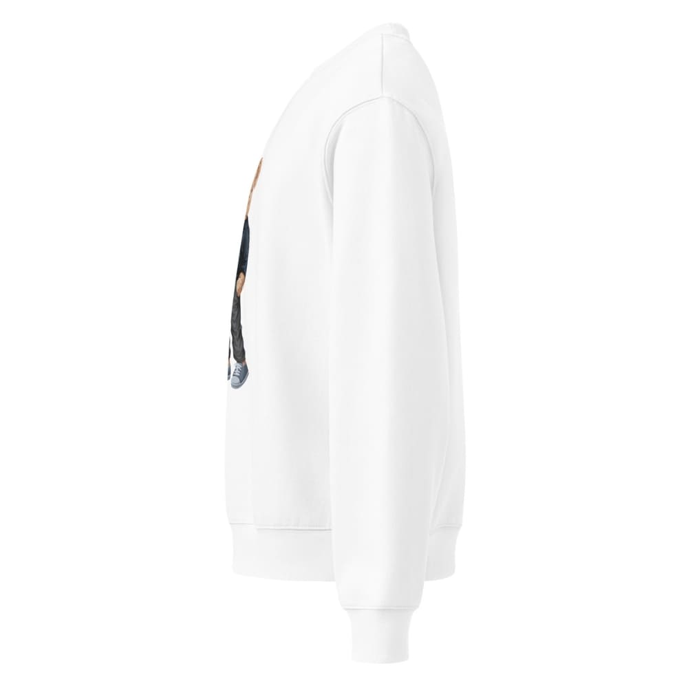 White hoodie with a small logo on the chest against a white background
