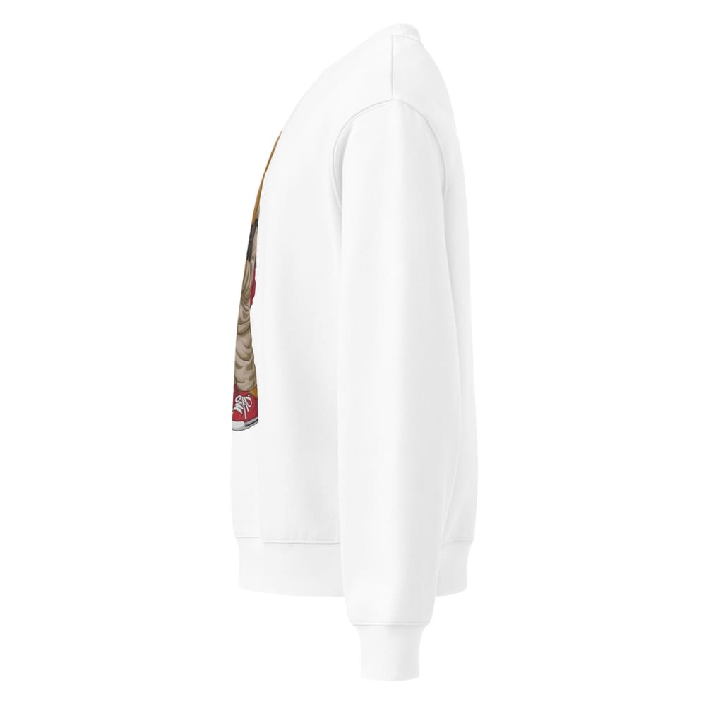 White hoodie with a graphic design on the sleeve against a white background