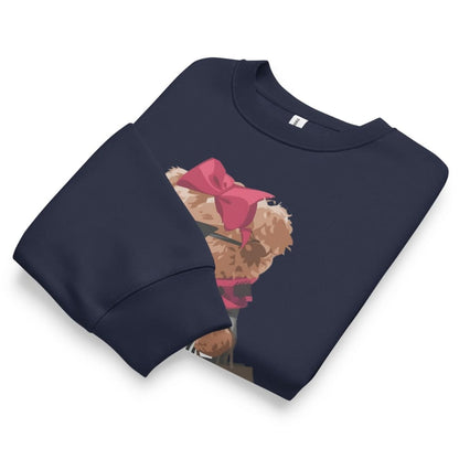 Navy blue sweatshirt with a teddy bear design wearing a red bow on a white background