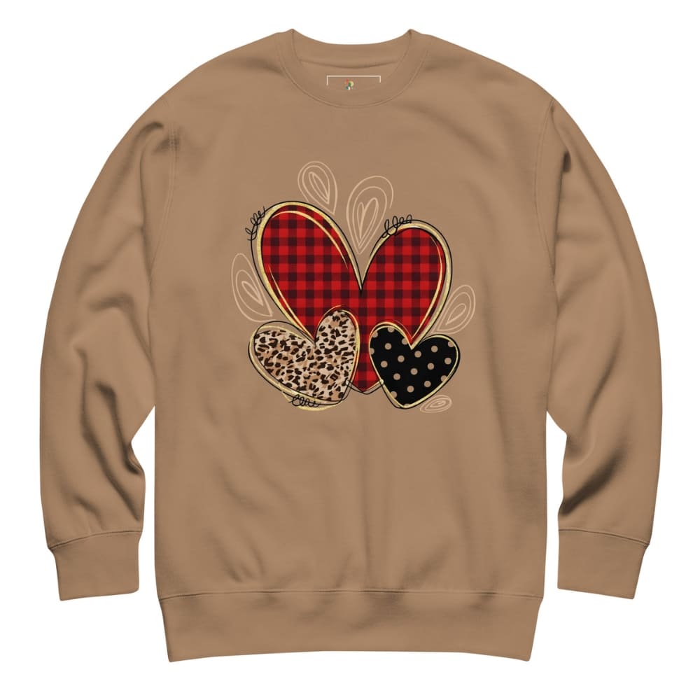 Brown sweatshirt with decorative hearts design on a white background