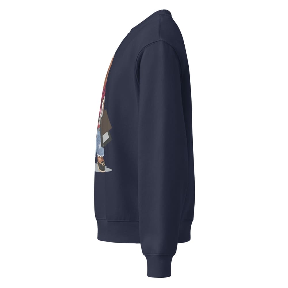 Navy blue sweatshirt with a colorful graphic on the sleeve against a white background