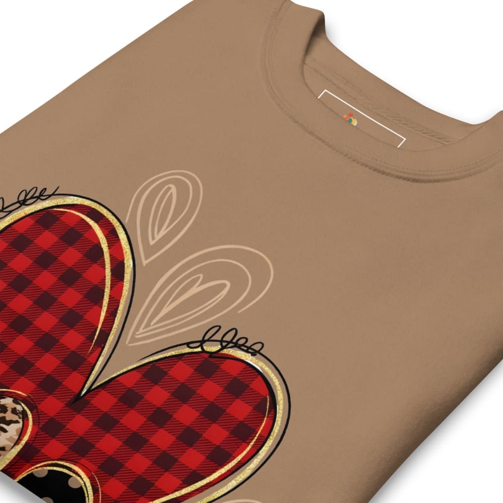 Brown t-shirt with red plaid heart design on a white background