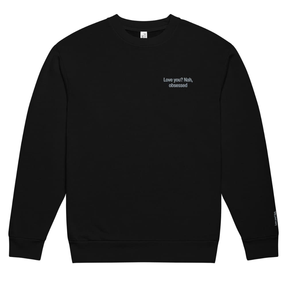 Black sweatshirt with white text on a white background