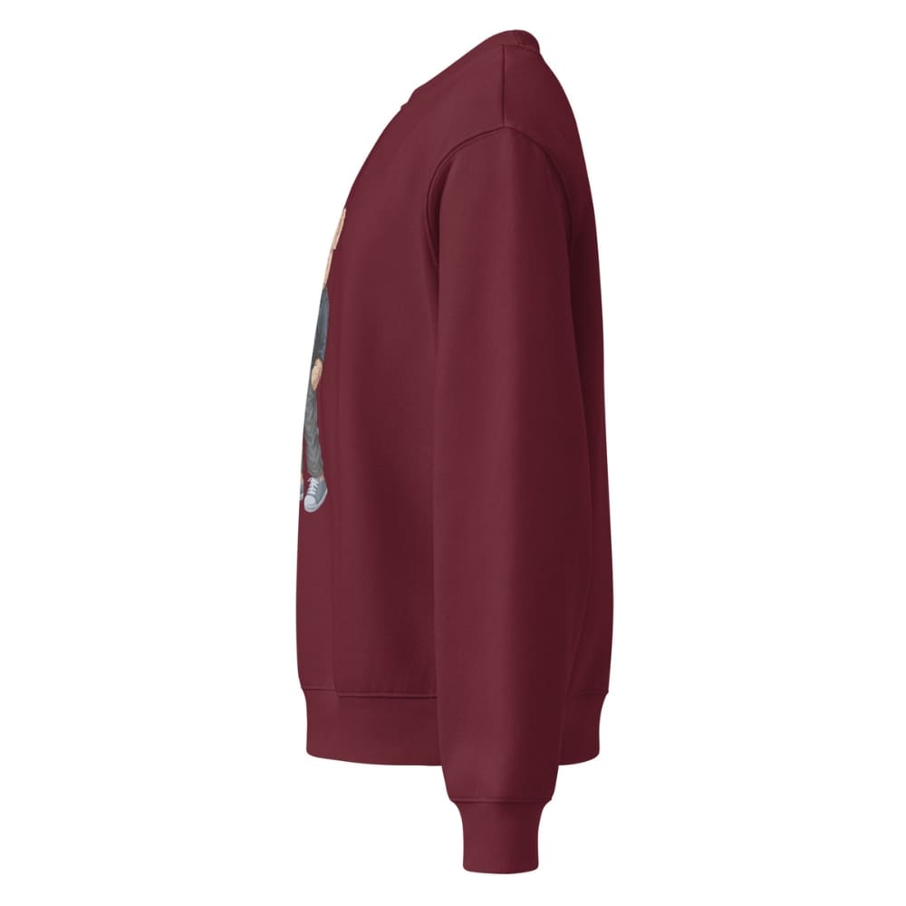 Maroon sweatshirt with a graphic design on the sleeve against a white background