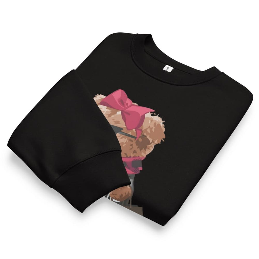 Black sweatshirt with a teddy bear design wearing a pink bow on a white background