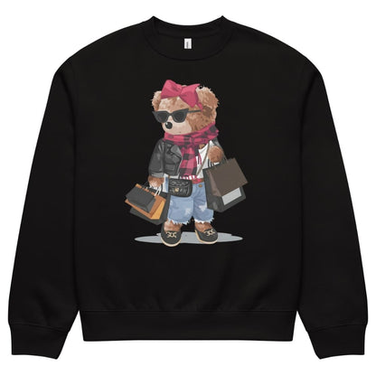 Black sweatshirt with a teddy bear graphic holding bags on a white background
