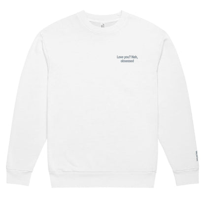 White sweatshirt with text on a white background
