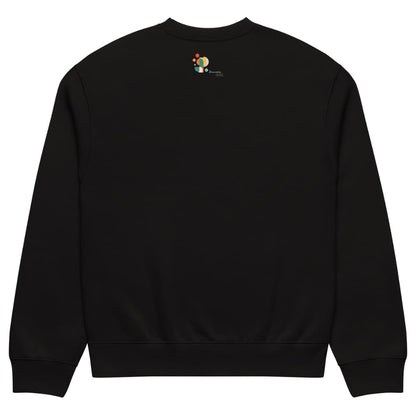 Black sweatshirt with a colorful logo on the chest against a white background