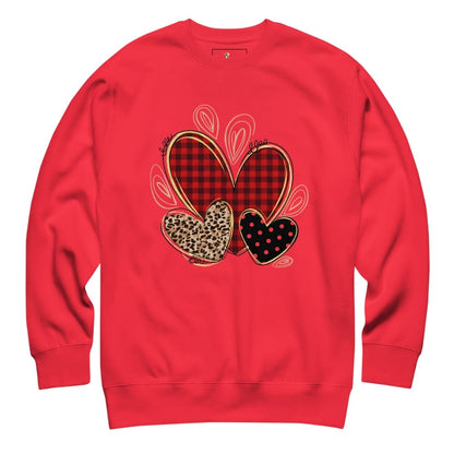 Red sweatshirt with heart designs on a white background