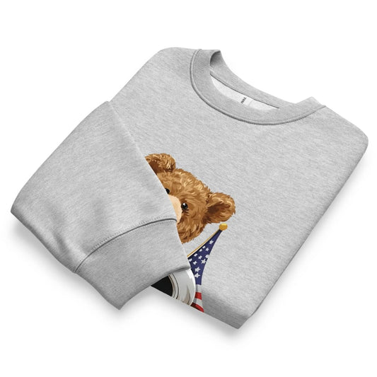 Gray sweatshirt with a teddy bear holding an American flag on a white background