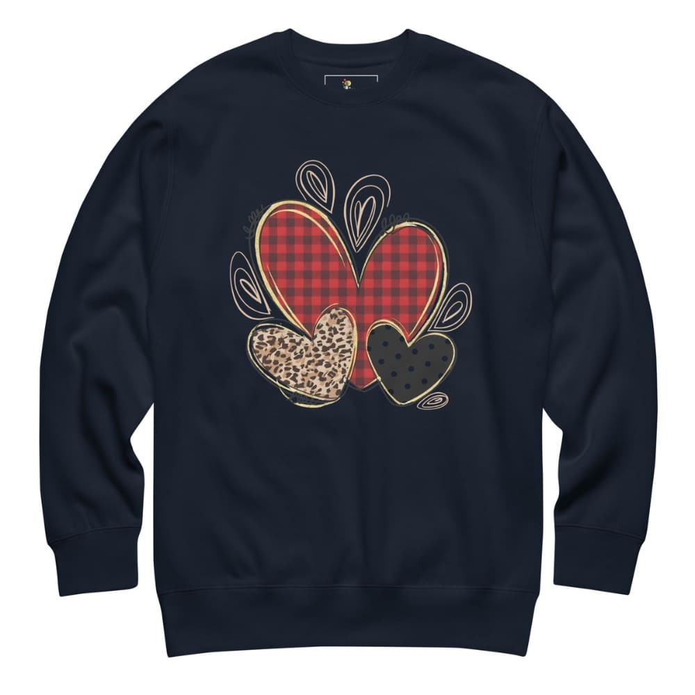 Navy blue sweatshirt with heart design on a white background