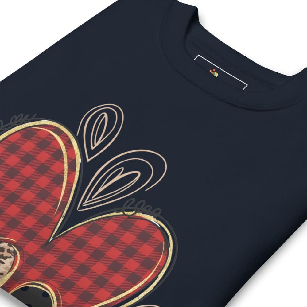 Navy blue t-shirt with red and black checkered heart design on a white background