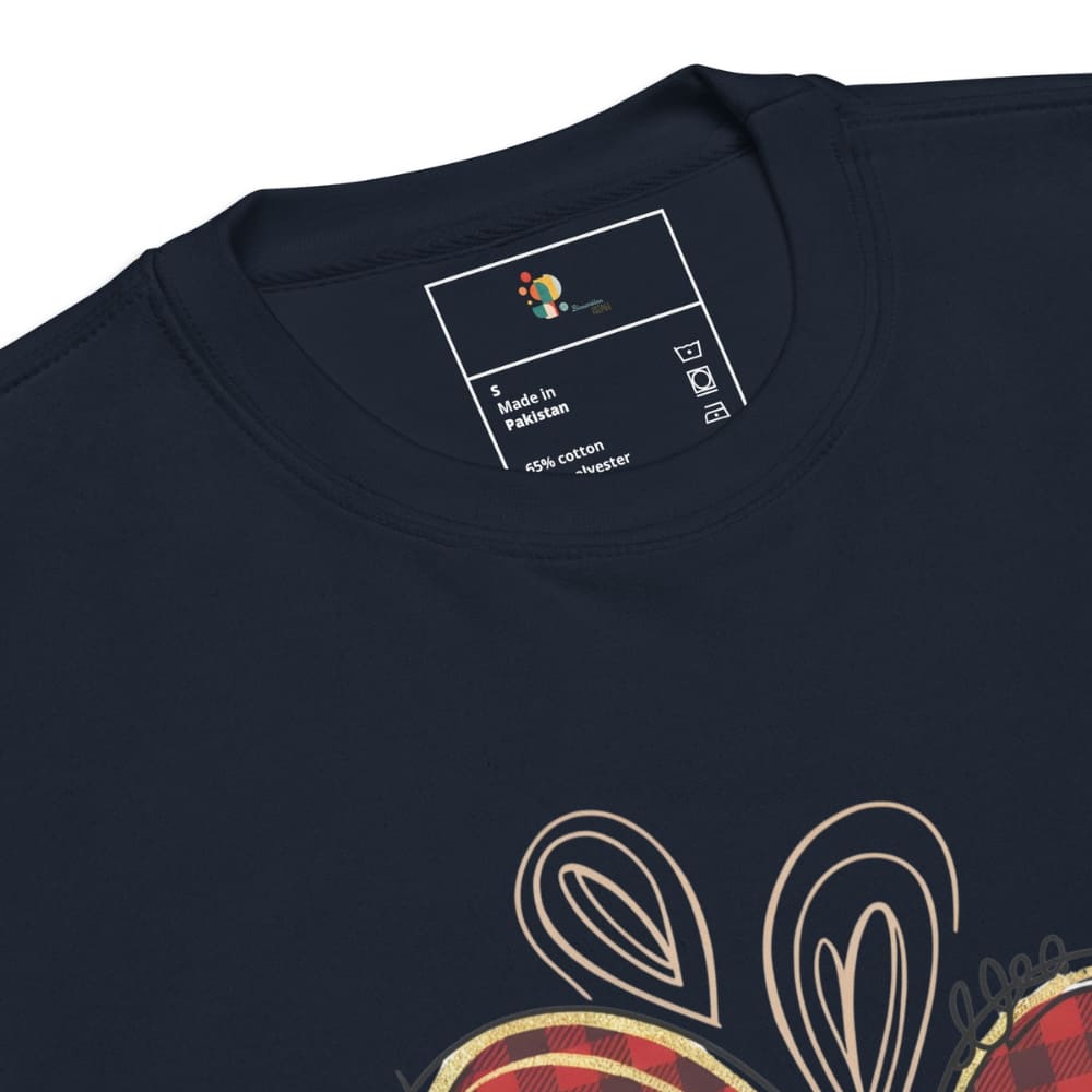 Navy blue t-shirt with a colorful graphic design on the collar area