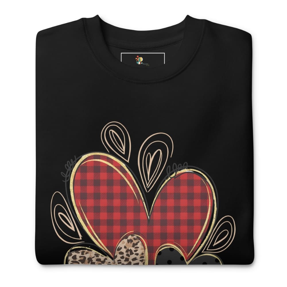 Black sweatshirt with a red plaid heart design on a white background