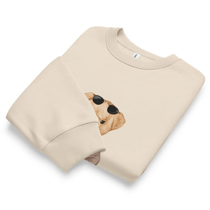 Beige sweatshirt with a graphic of a dog wearing sunglasses on a white background
