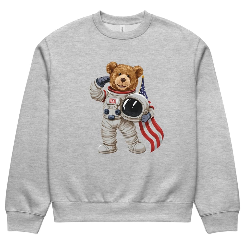 Gray sweatshirt with an astronaut bear graphic on a white background