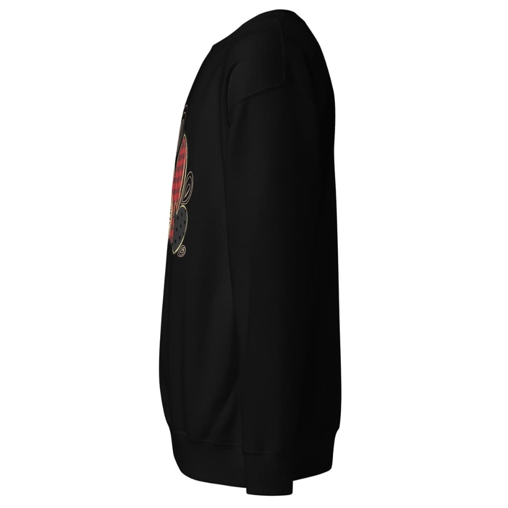 Black sweatshirt with a colorful graphic on the sleeve against a white background