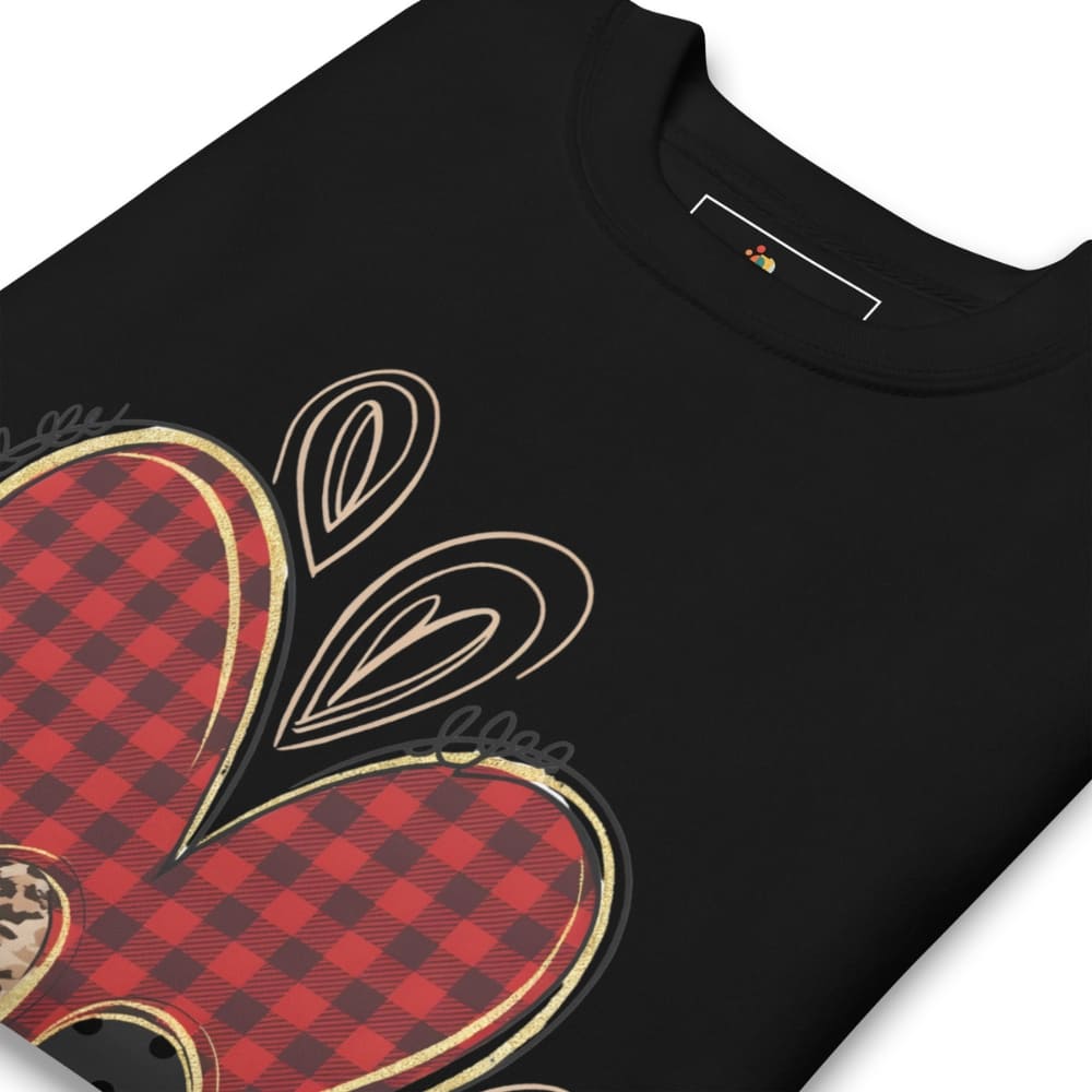 Black t-shirt with red and black checkered heart design on a white background