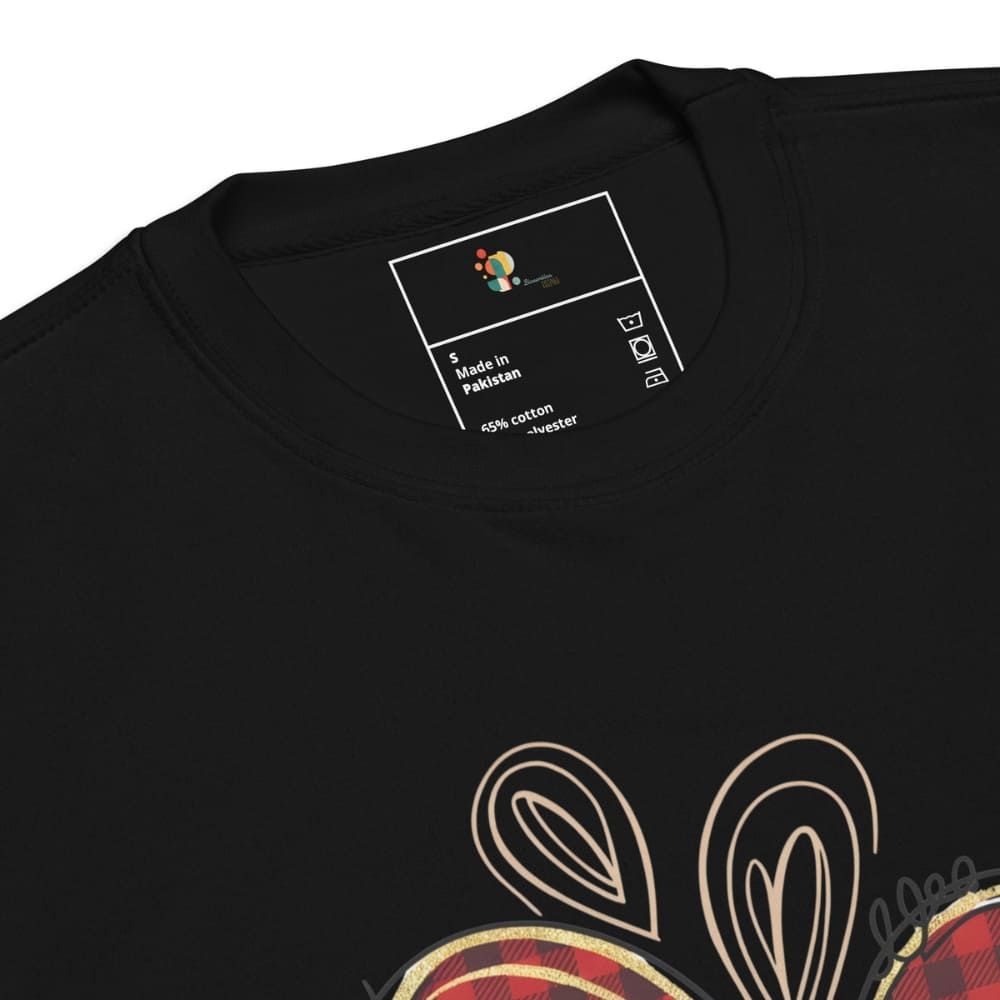 Black t-shirt with a colorful graphic design on a white background