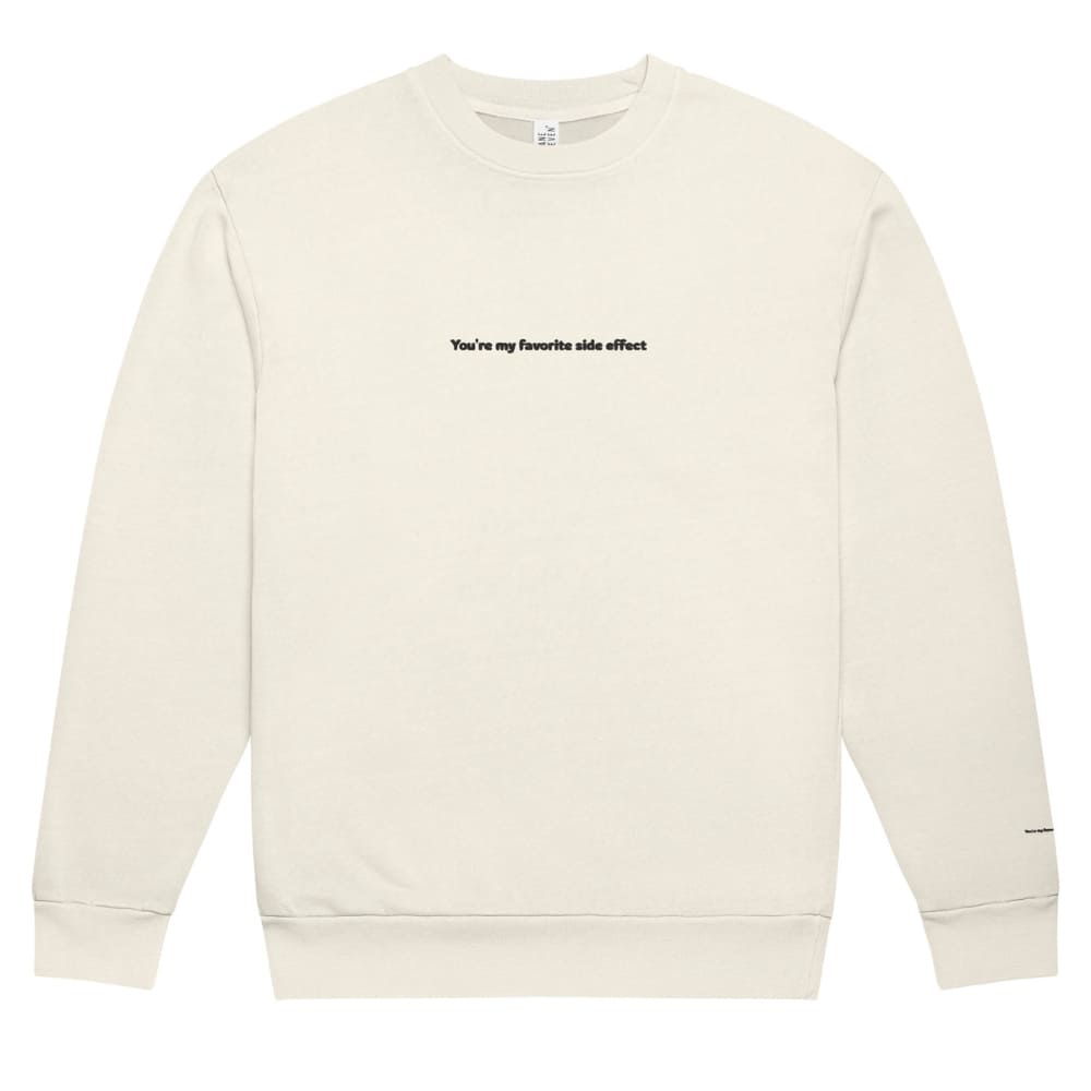 Beige sweatshirt with text on a white background