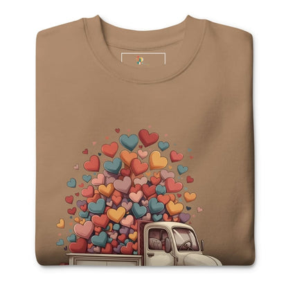 Brown t-shirt with a colorful heart design and vintage truck on a white background