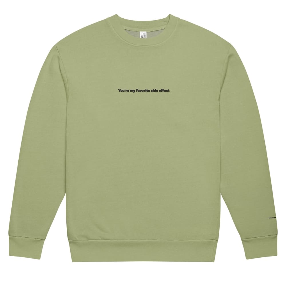 Green sweatshirt with text on a white background