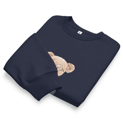 Navy blue sweatshirt with a beige bear graphic on a white background