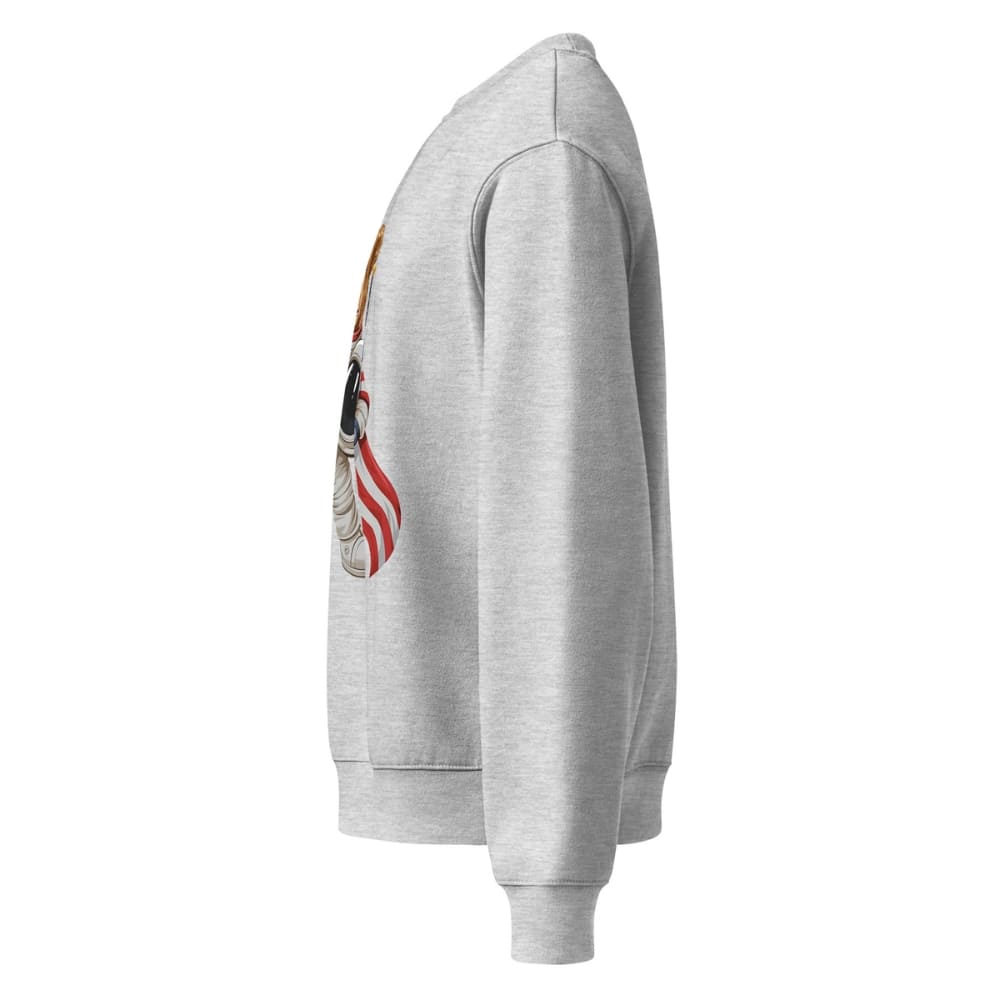 Gray hoodie with a graphic design on the sleeve against a white background