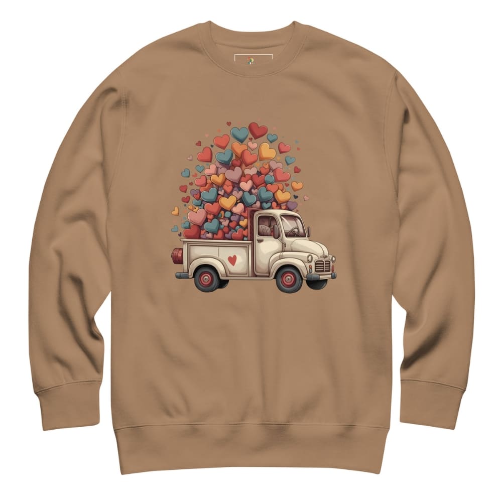 Brown sweatshirt with a truck and heart design on a white background