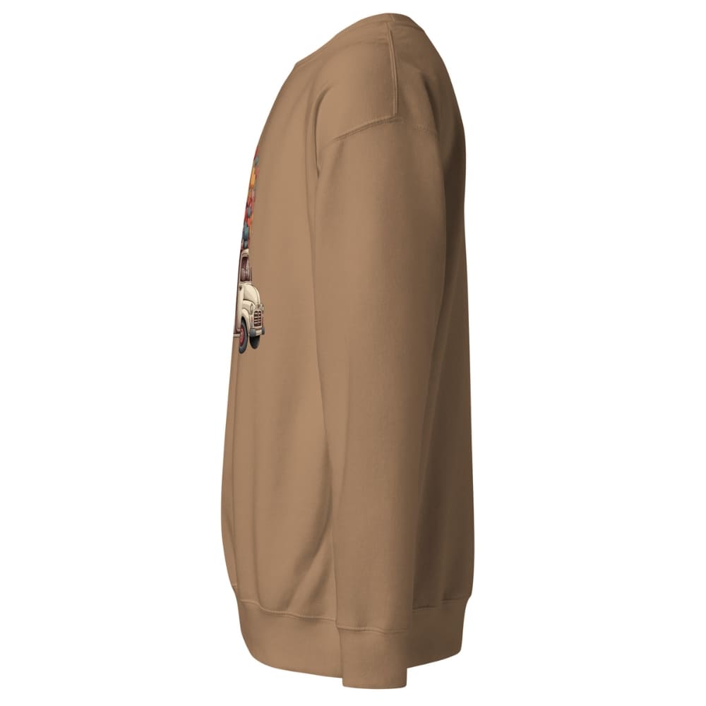 Beige sweatshirt with a graphic design on the sleeve against a white background