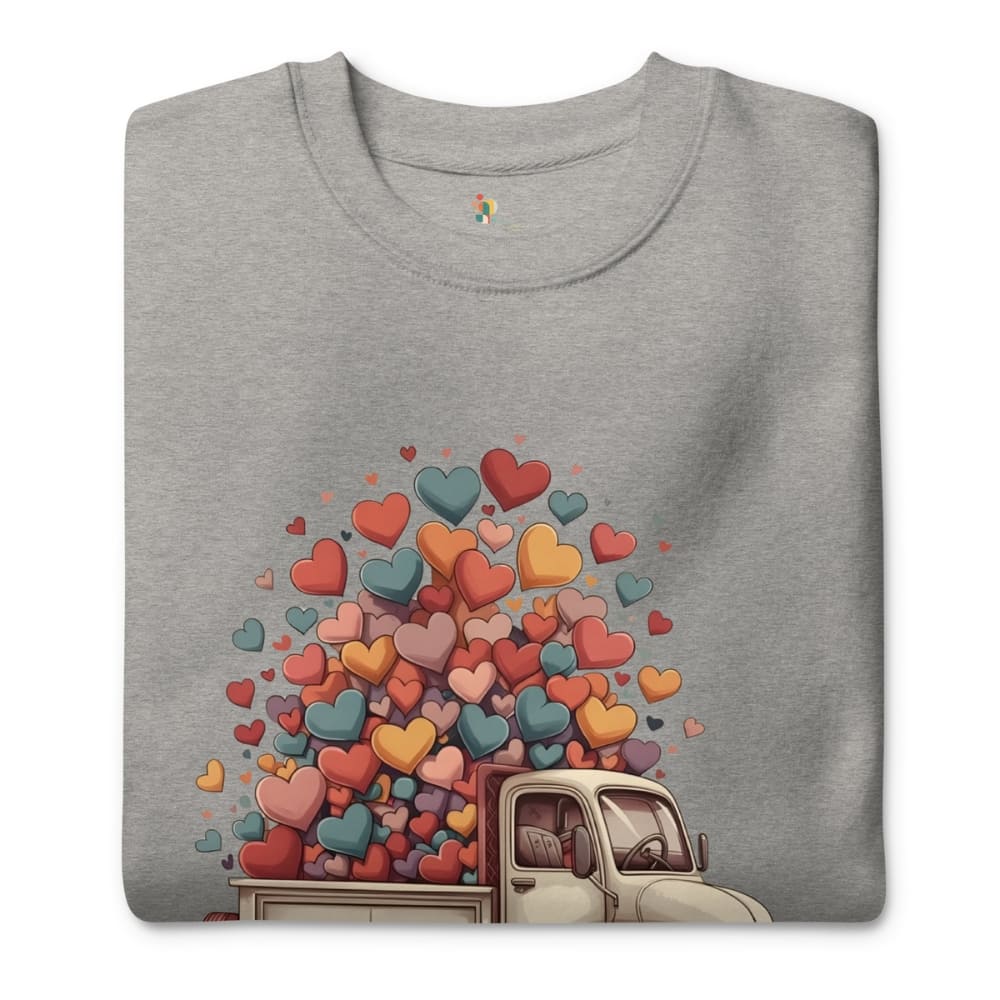 Gray t-shirt with a colorful heart design and vintage truck on a white background