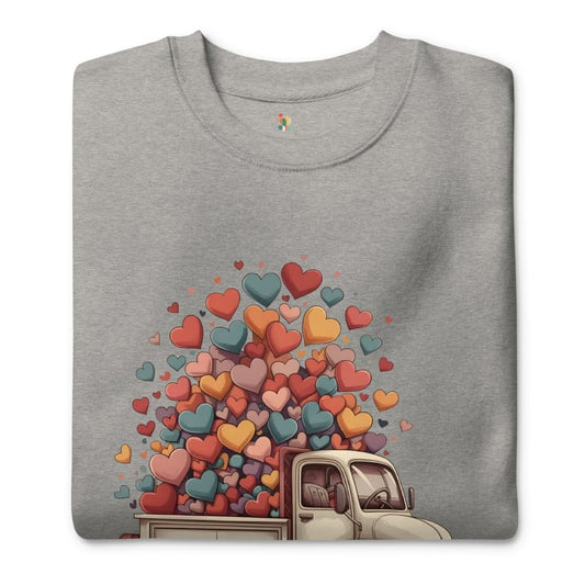 Gray t-shirt with a colorful heart design and vintage truck on a white background