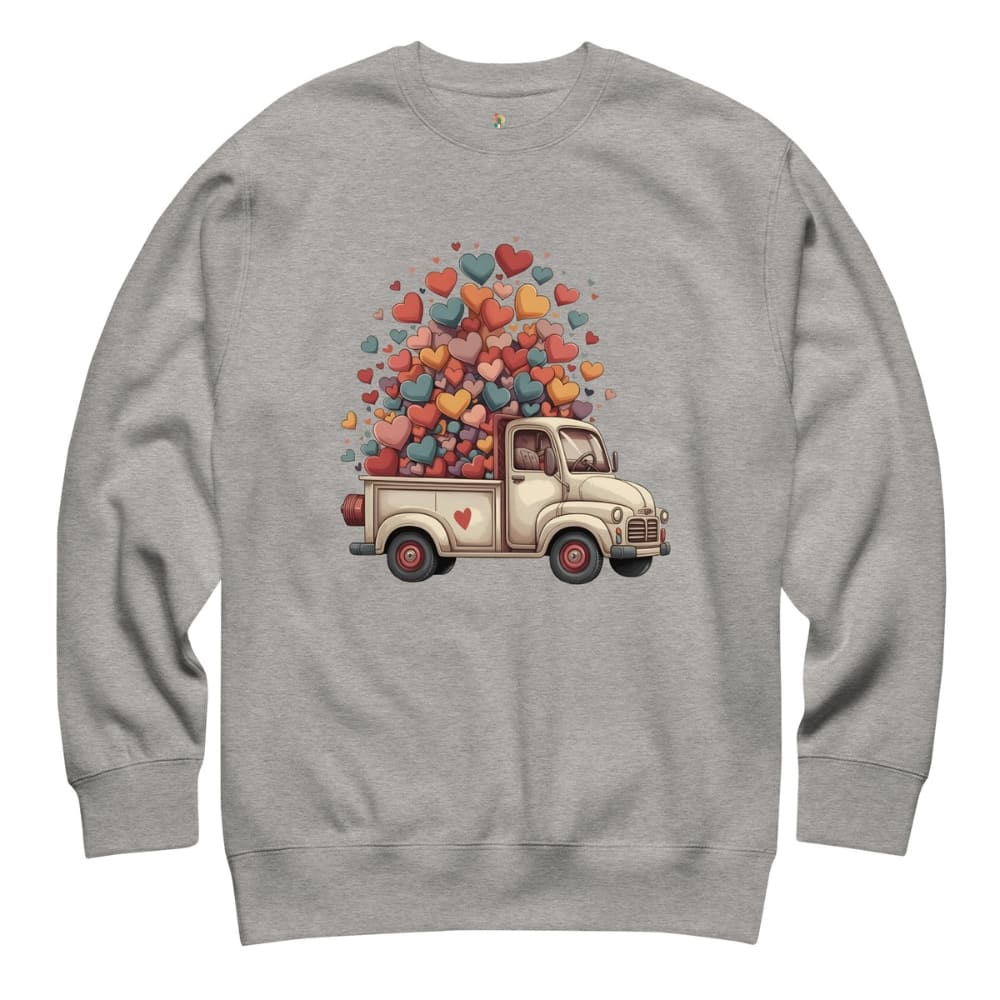 Gray sweatshirt with a truck and heart design on a white background