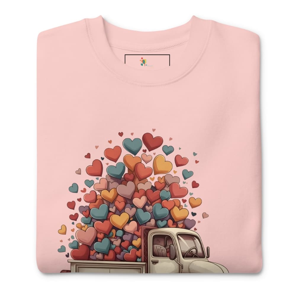 Pink sweatshirt with a truck and colorful hearts design on a white background