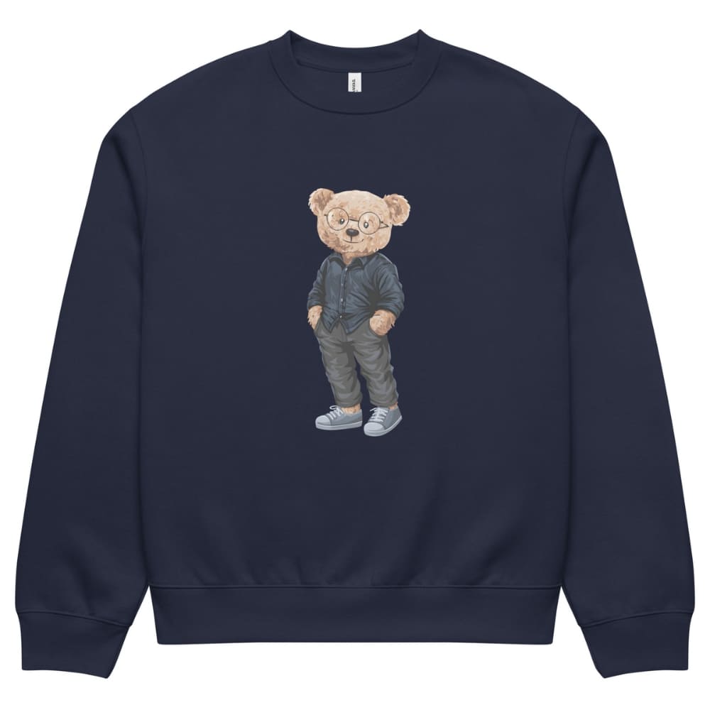 Navy blue sweatshirt with a teddy bear graphic on a white background