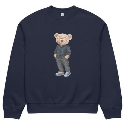 Navy blue sweatshirt with a teddy bear graphic on a white background