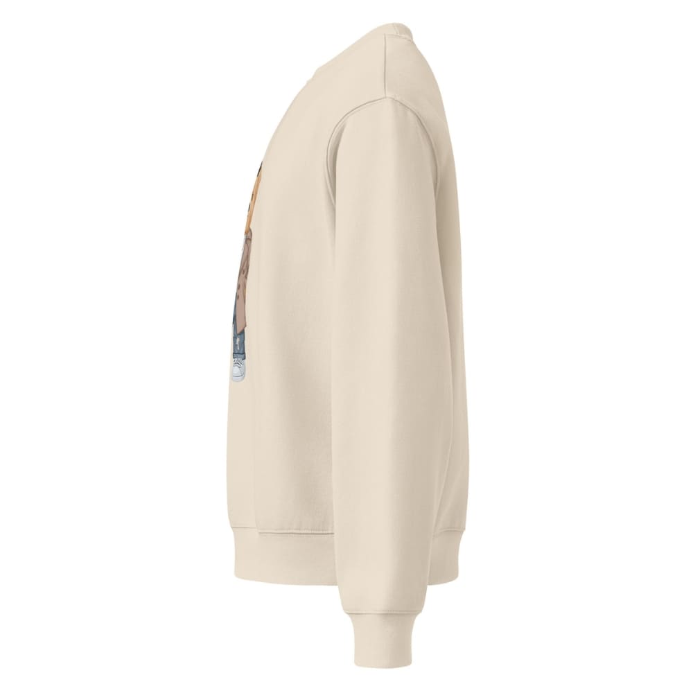 Beige hoodie with a small graphic on the sleeve against a white background