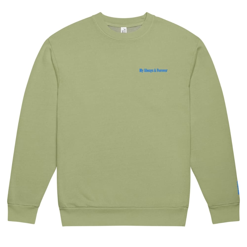 Green sweatshirt with a small logo on a white background