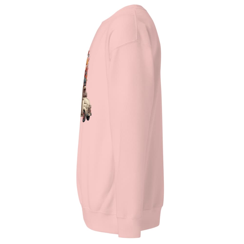 Pink sweatshirt with a small graphic on the chest against a white background