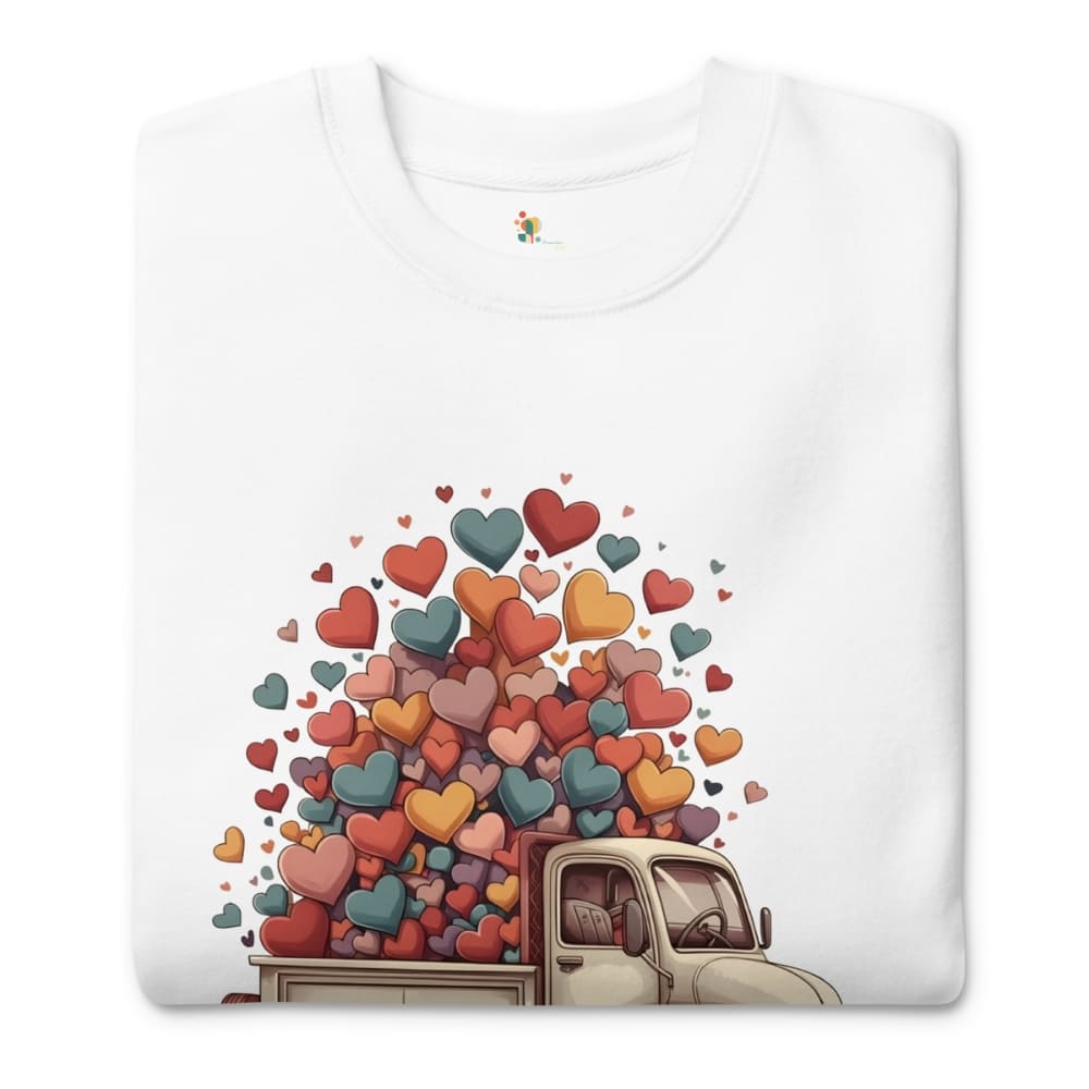 White t-shirt with a colorful heart design and truck on a white background