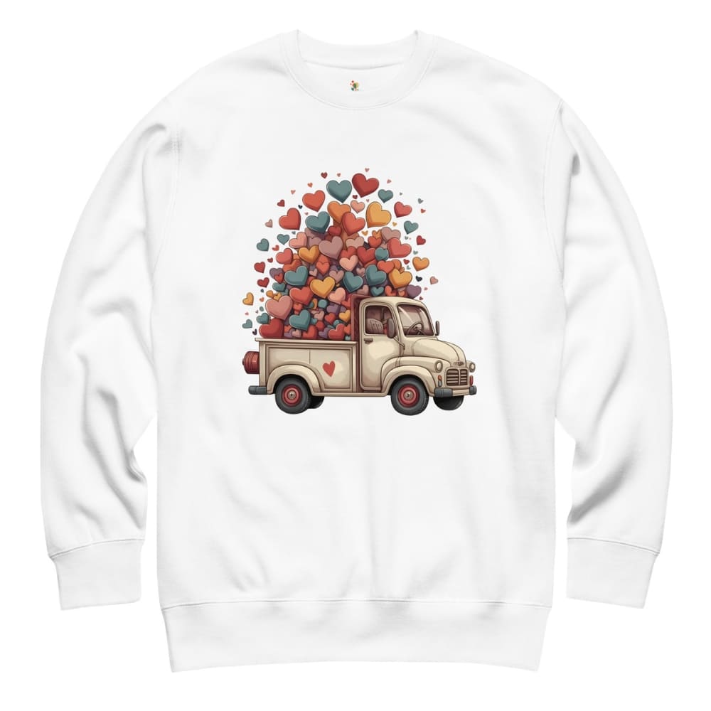 White sweatshirt with a truck and heart design on a white background