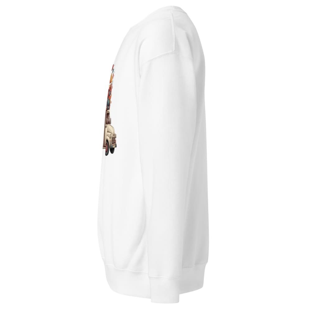 White hoodie with a colorful graphic on the sleeve against a white background