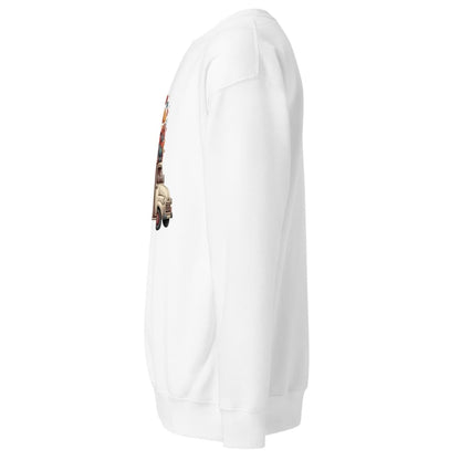 White hoodie with a colorful graphic on the sleeve against a white background