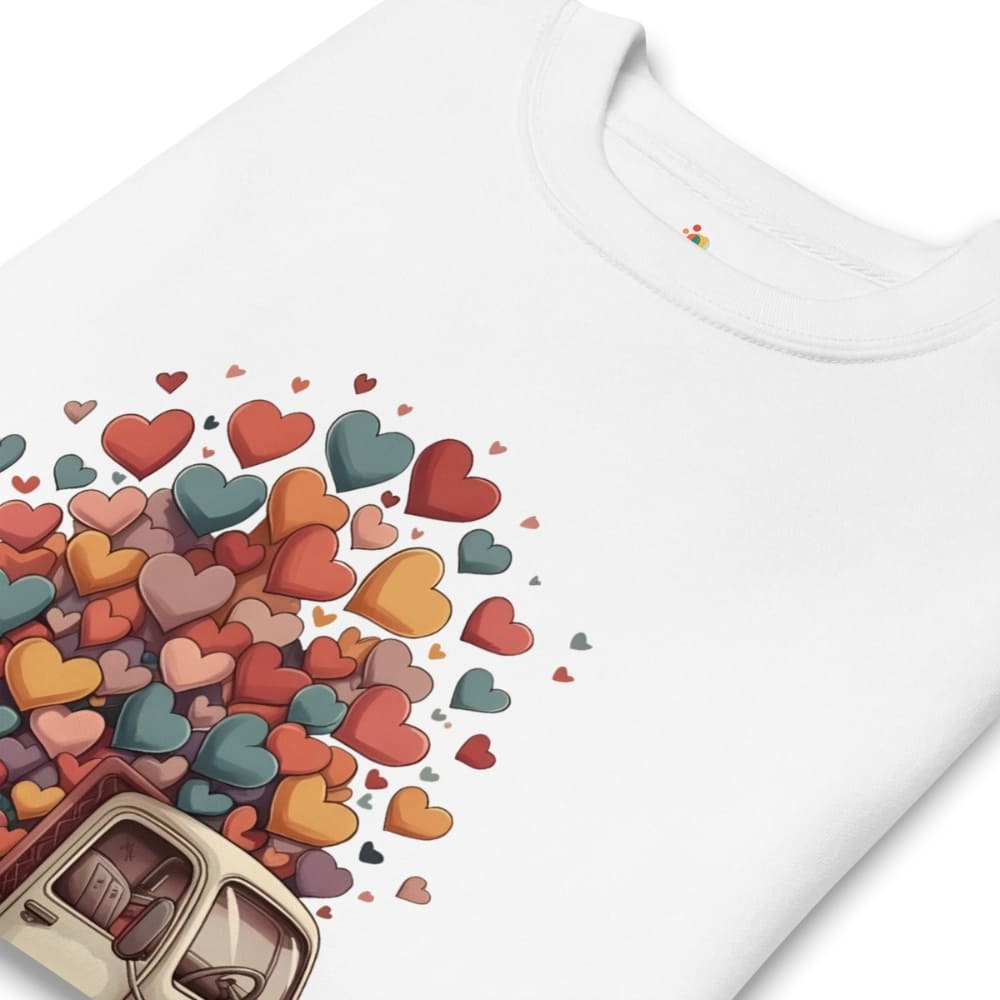 White t-shirt with colorful heart design on a white background