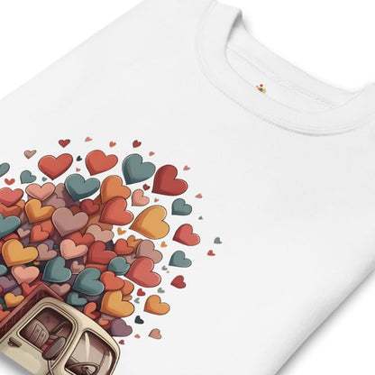 White t-shirt with colorful heart design on a white background
