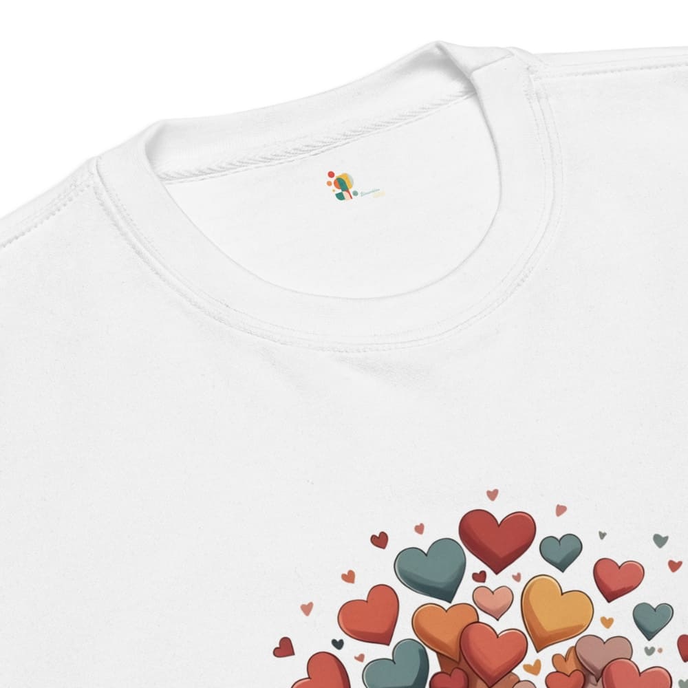 White shirt with colorful heart pattern on a white background