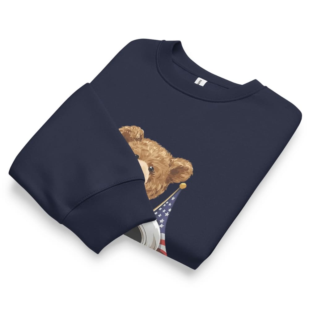 Navy blue sweatshirt with a teddy bear holding an American flag on a white background