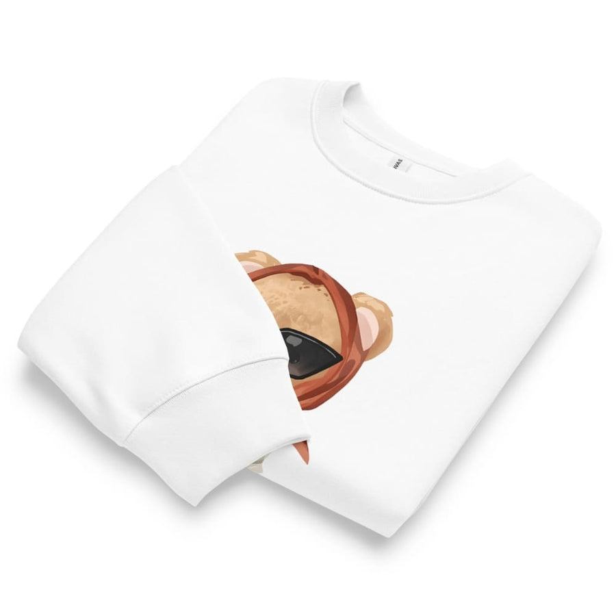 White t-shirt with a cartoon bear design on a white background