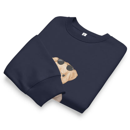 Folded navy blue sweatshirt with a pizza graphic on a white background